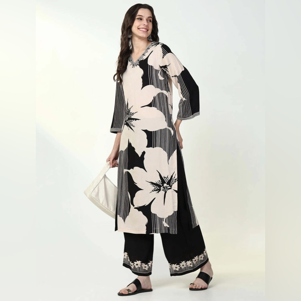 Floral Black and Cream Kurta Set